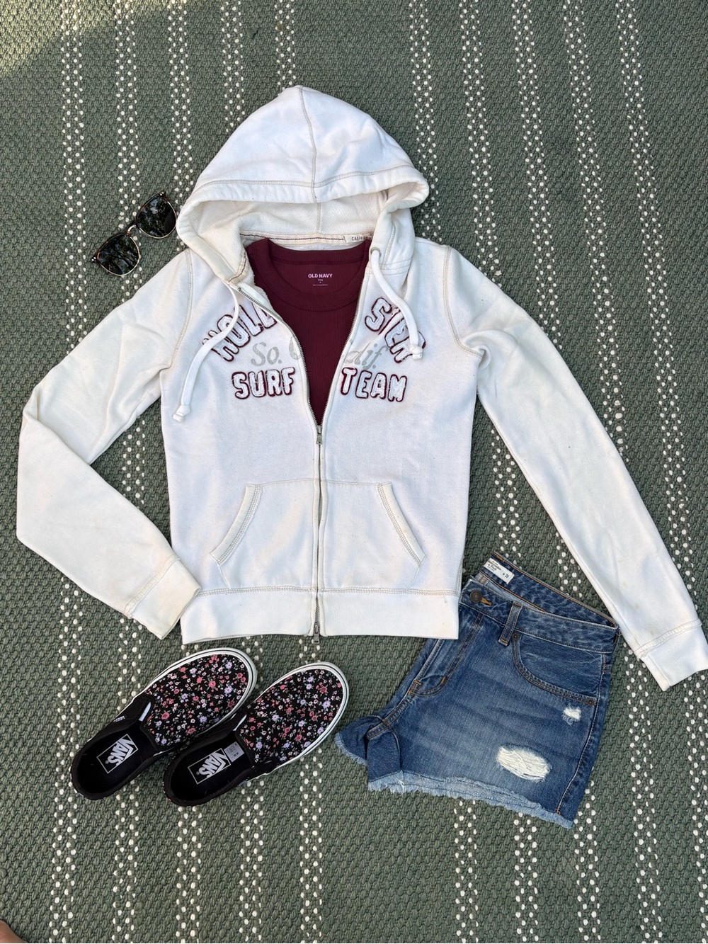Hollister Cream Zip Hoodie with Maroon Surf Team Embroidery